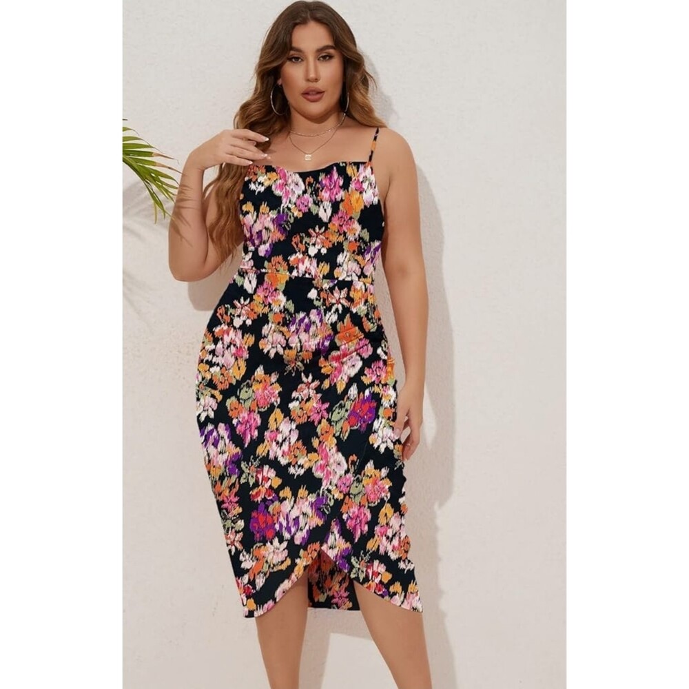 Women's Plus Size Floral Satin Dress Ruched Spaghetti Strap Cowl Neck Midi Party
